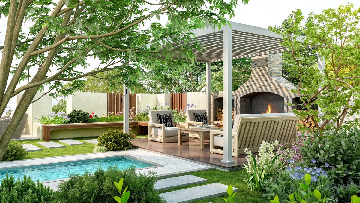 Modern luxury pergola in backyard garden with outdoor seating area and small swimming pool
