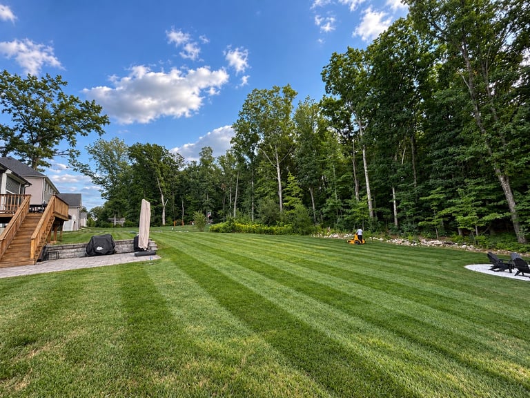 Well-manicured backyard lawn with alternating stripe pattern, wooden deck with steps, mature trees, and blue sky with white clouds