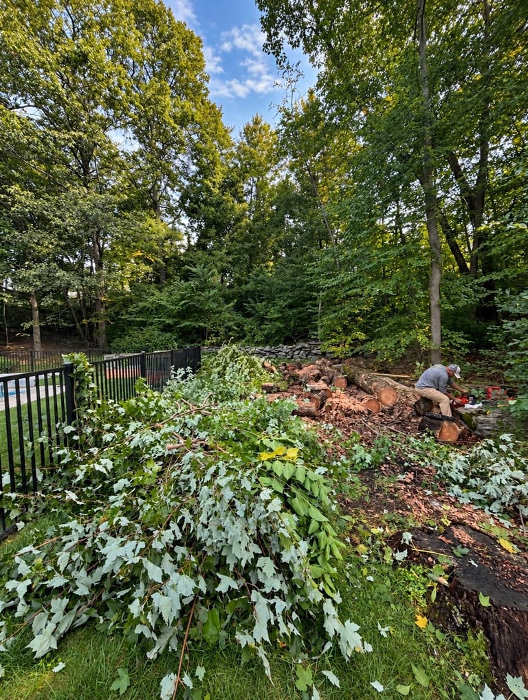 Person landscaping a wooded garden with white flowering shrubs, mulch, and mature trees under blue sky