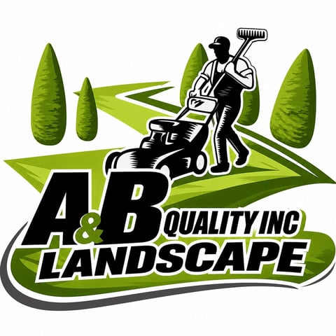 A&B Quality Inc Landscape logo featuring a landscaper operating a mower surrounded by green trees and grass elements