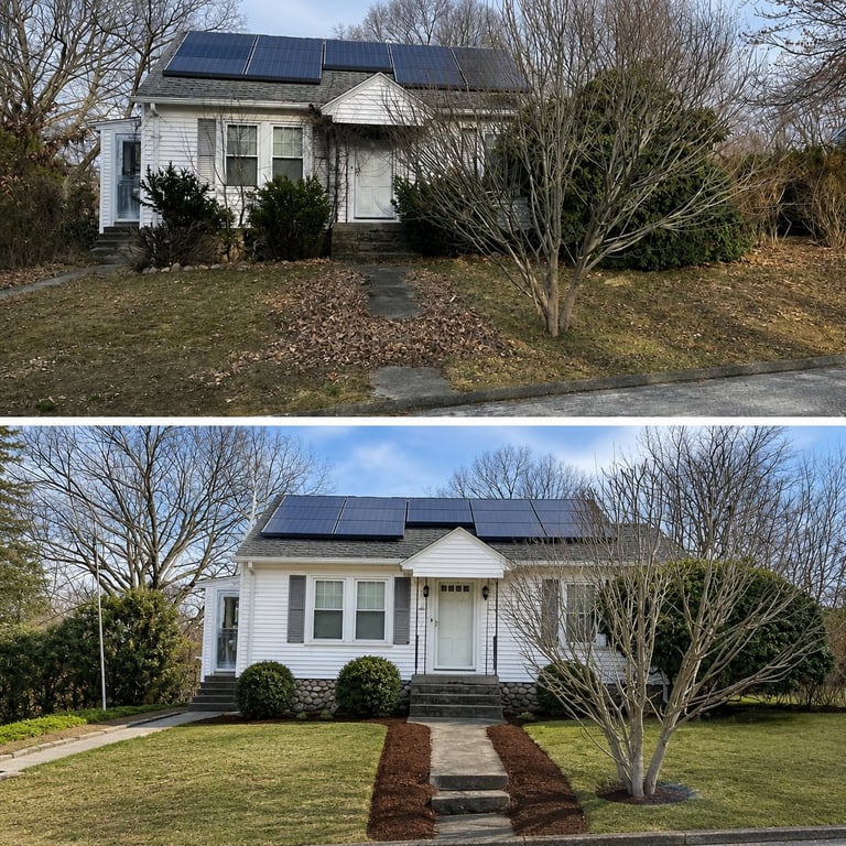 Before and after comparison of a white cottage with solar panels, showing landscape improvements including landscaping beds and lawn care