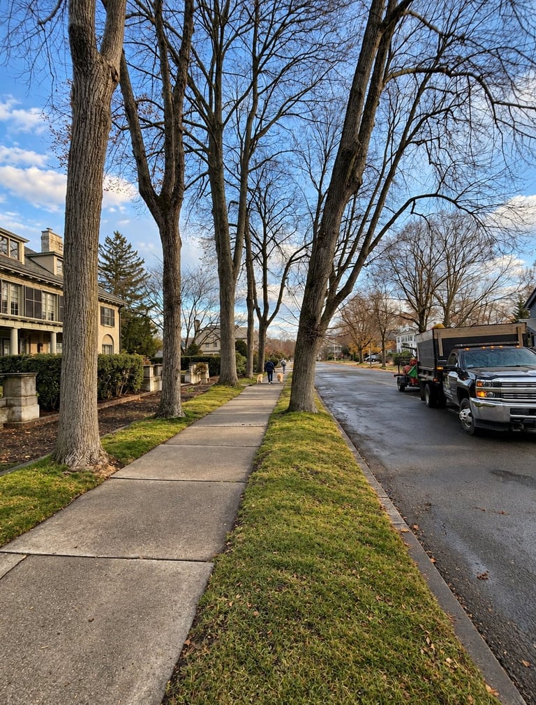 Quiet residential street lined with bare trees, sidewalk, and green grass verge on a spring day